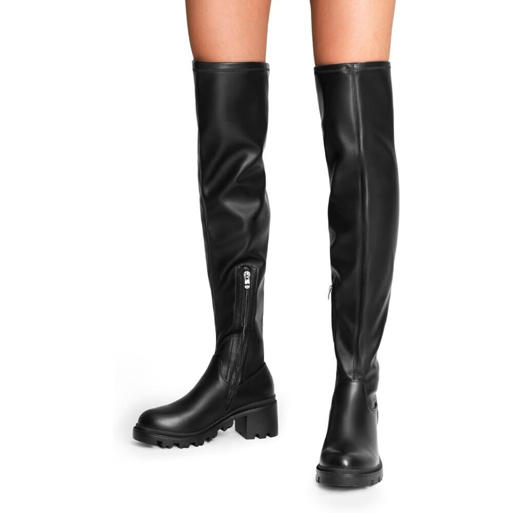 Women's Black-pu Faux Leather Knee High Over The Knee High Chunky Heel Boots - Picture 7 of 7